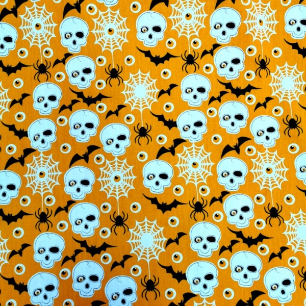 Halloween Polycotton - SKULLS AND SPIDERS ON ORANGE
